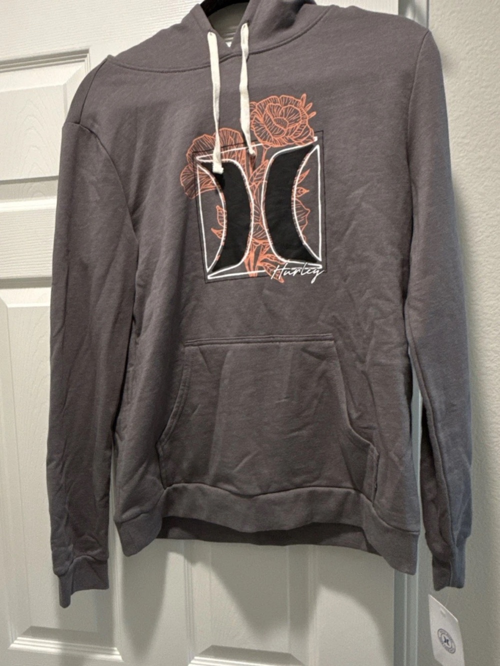 Hurley Men's Charcoal Gray Hoodie with Coral Floral Logo